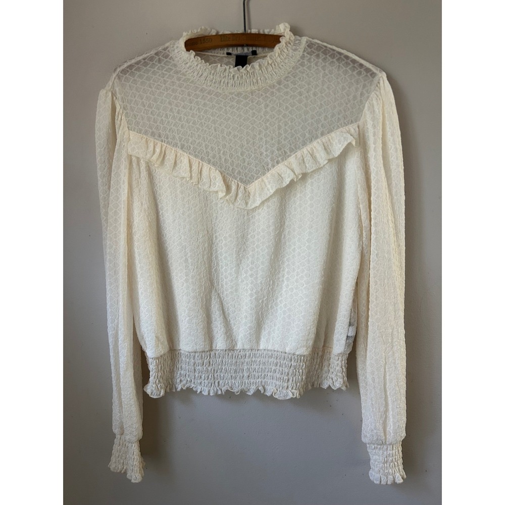 Vintage IZ Byer Cream ruffle Long Sleeve Smocked‎ Blouse Top L Romantic Coquette